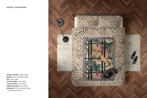 Mockup set showing a jacquard woven blanket and bedding on a bed, with a cheetah and palm design and size comparison.