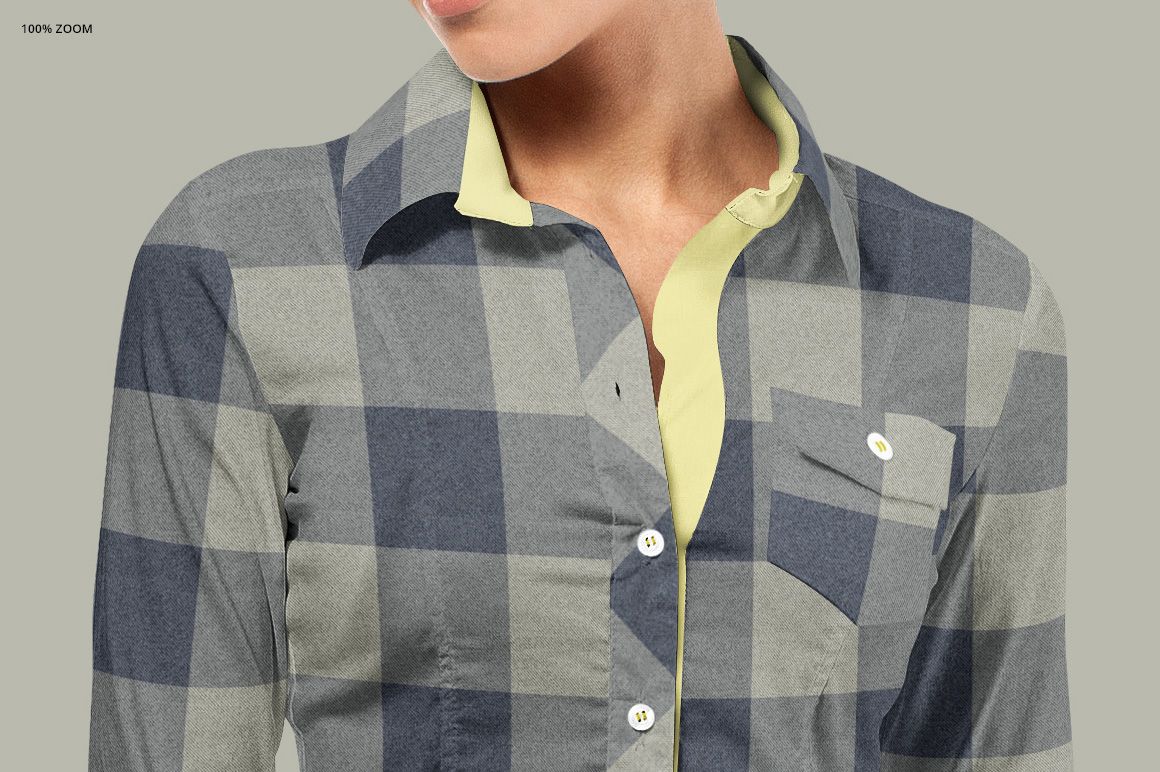 Close-up of a women's dress shirt mockup featuring a single chest pocket and checkered design in muted colors.