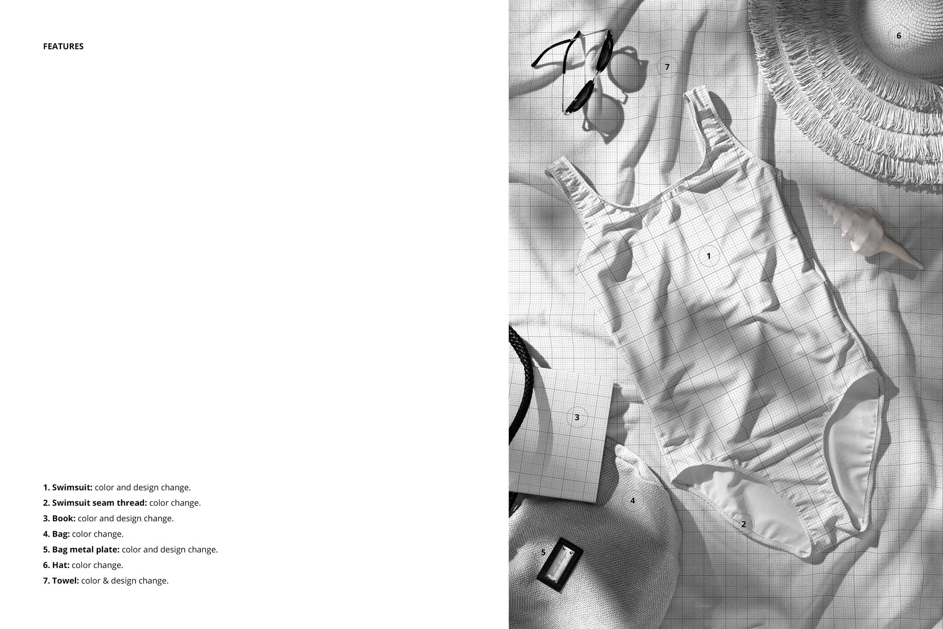 Front view of a custom swimsuit mockup set with hat, sunglasses, towel, book, and bag arranged in a summer scene.