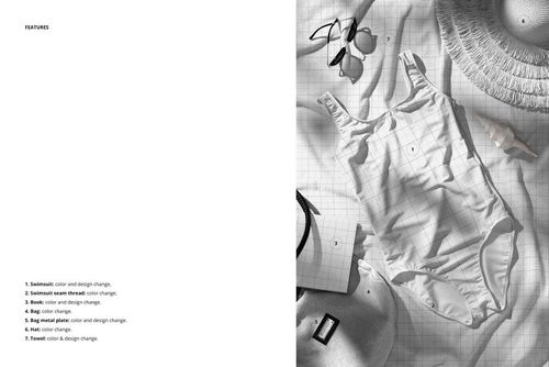 Front view of a custom swimsuit mockup set with hat, sunglasses, towel, book, and bag arranged in a summer scene.