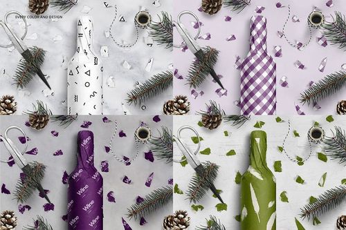 Wine wrapping tissue paper mockup featuring bottles in various designs, shown from above with holiday props and tape.