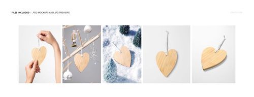Heart-shaped wooden ornament mockup shown in various scenes, including hanging and lying on snowy surface.
