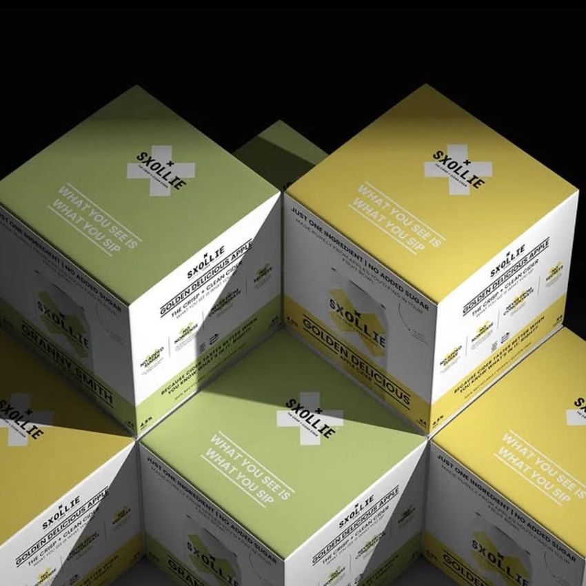 Square box mockup featuring multiple packaging boxes arranged in a grid, with green and yellow color blocks and visible text overlays.