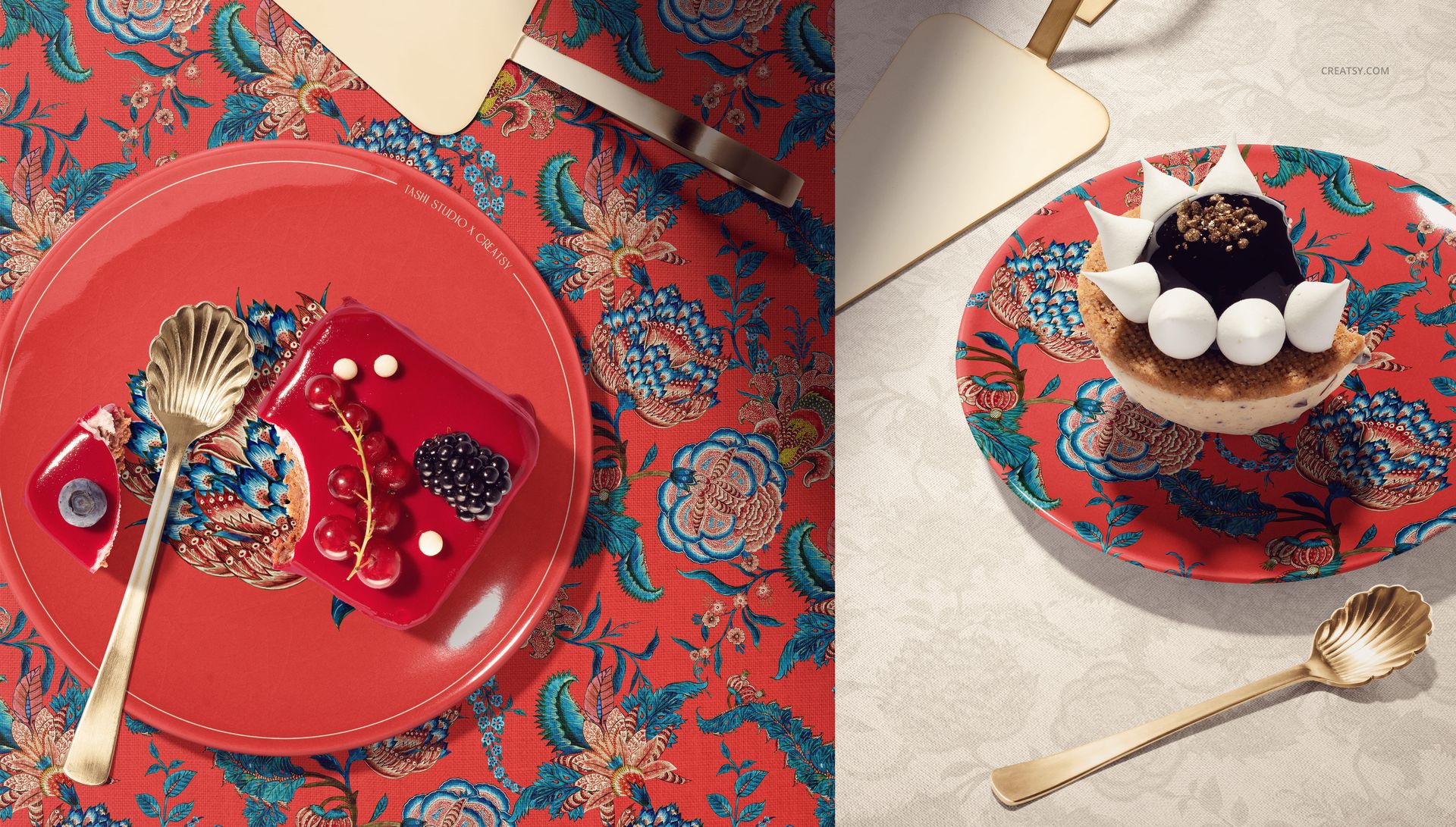 Colorful ceramic plate mockups with intricate patterns, desserts, and elegant gold cutlery arranged on textured surfaces.