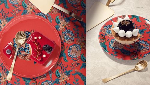 Colorful ceramic plate mockups with intricate patterns, desserts, and elegant gold cutlery arranged on textured surfaces.