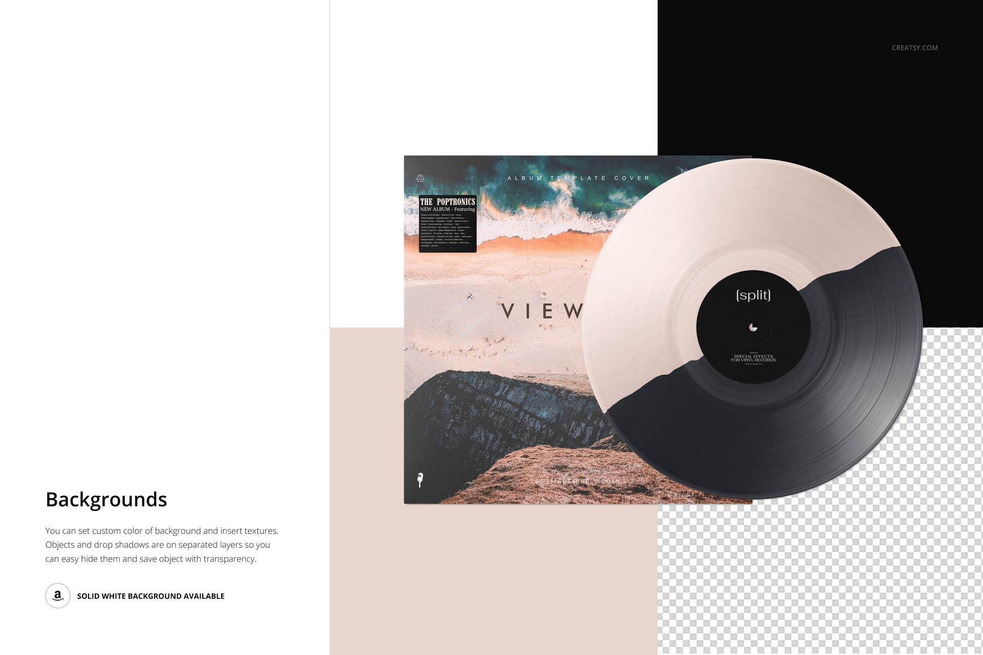 Vinyl record and cover mockup showing a split effect design, with a beach landscape cover and neutral tones.