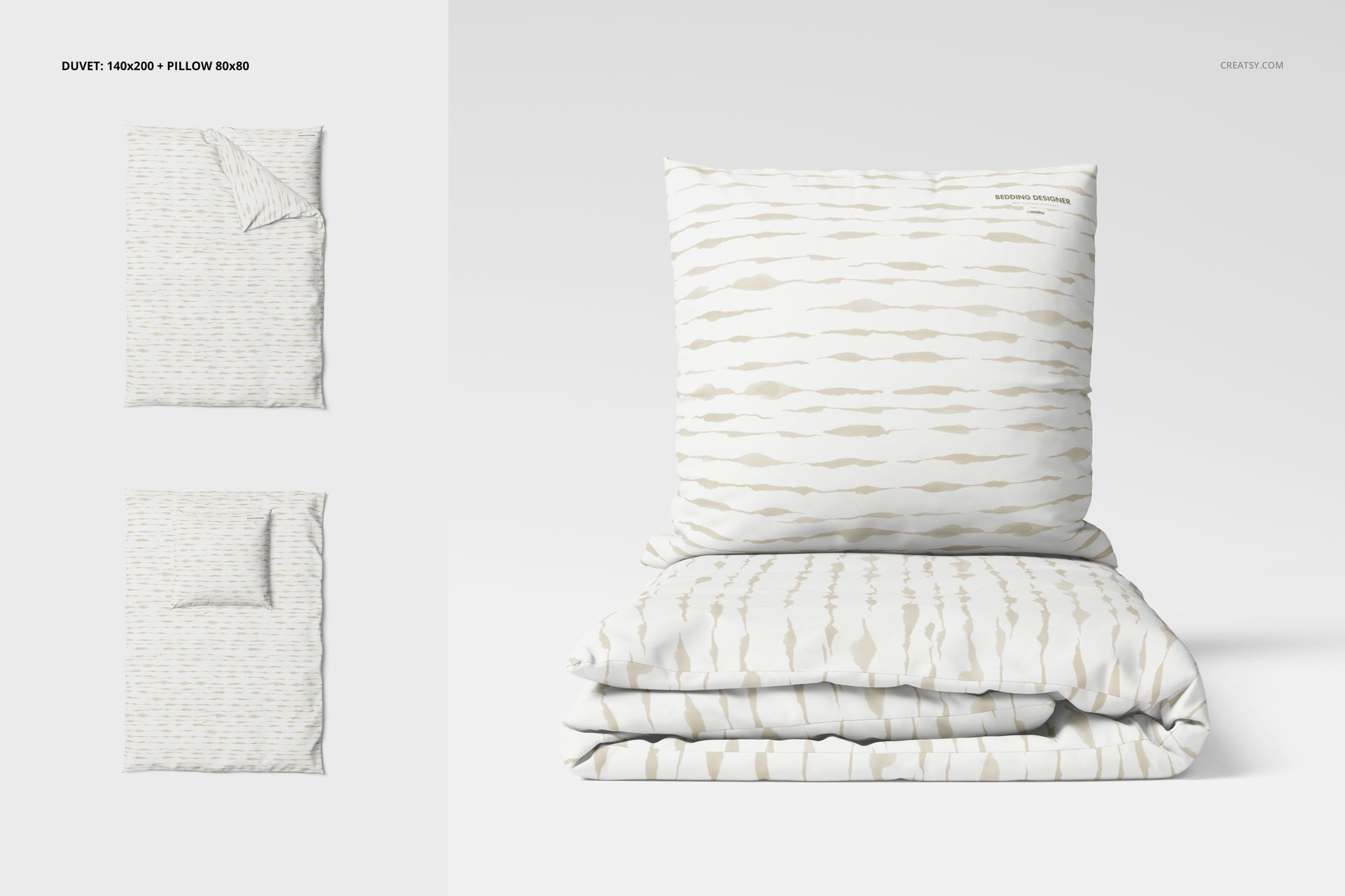 Front view of a bedding set mockup featuring a folded duvet and pillow with a subtle beige linear pattern on white.
