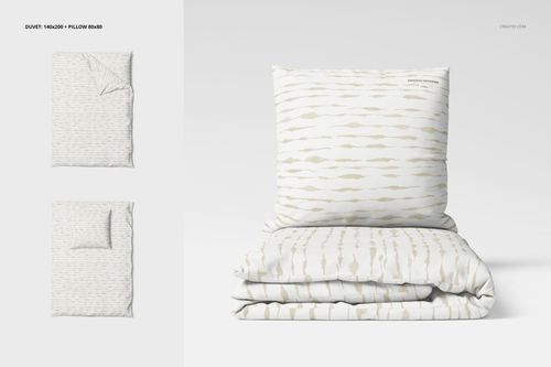 Front view of a bedding set mockup featuring a folded duvet and pillow with a subtle beige linear pattern on white.