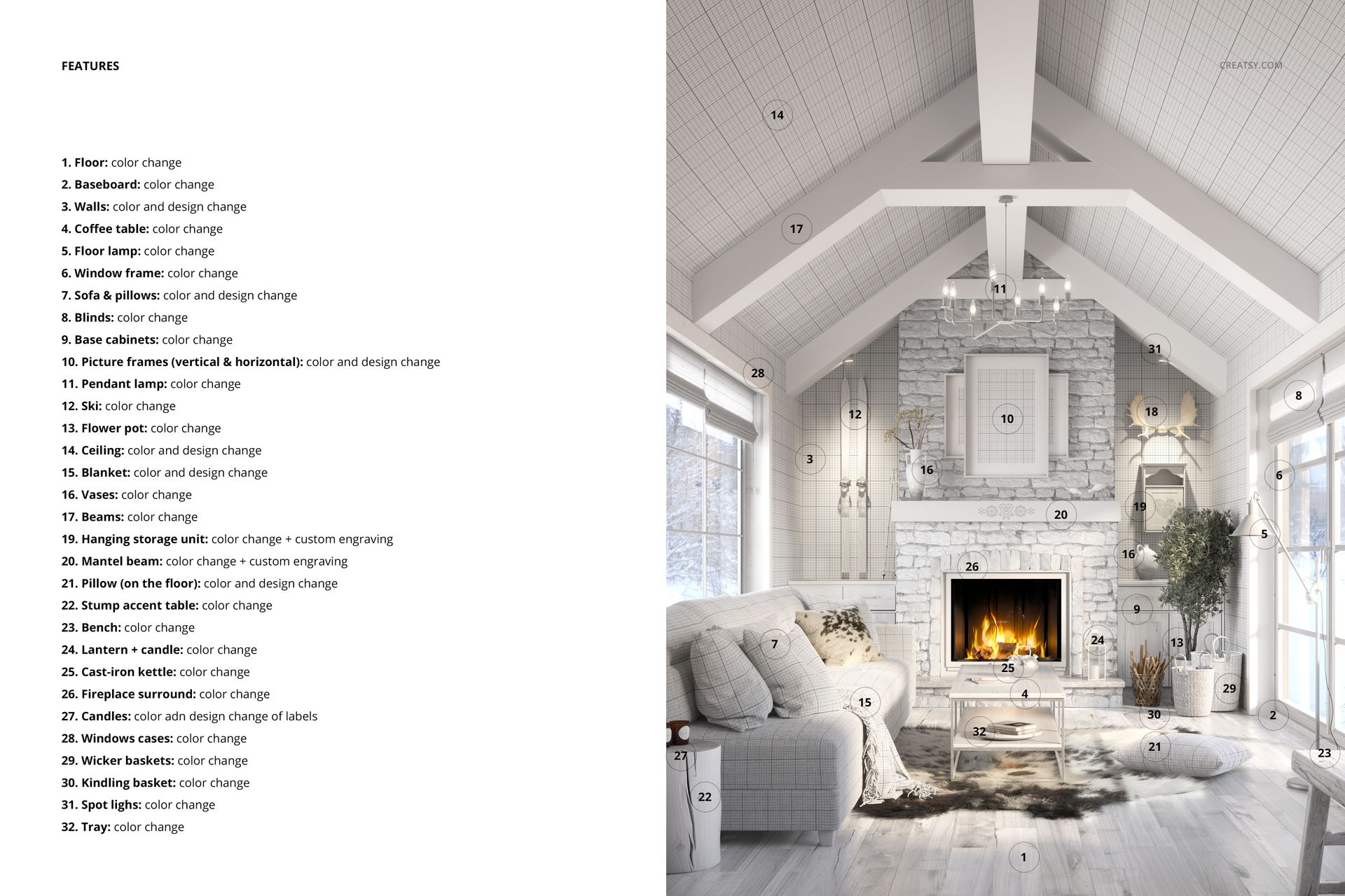Scandinavian rustic living room mockup featuring a white sofa, fireplace, timber beams, and cozy decor in neutral tones.