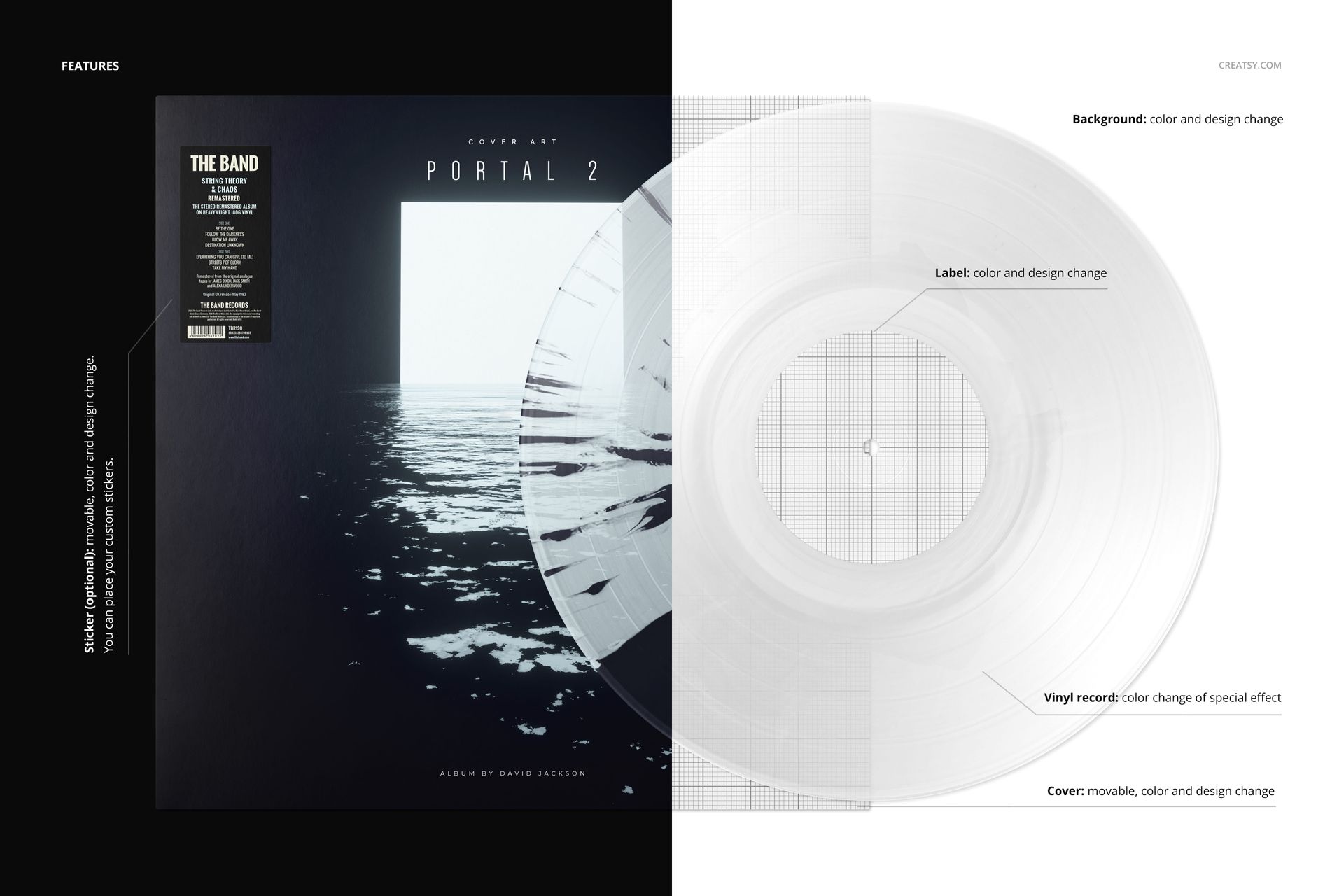 Front view of a vinyl record and cover mockup with split splatter effect, featuring a black and white ocean scene on the cover.