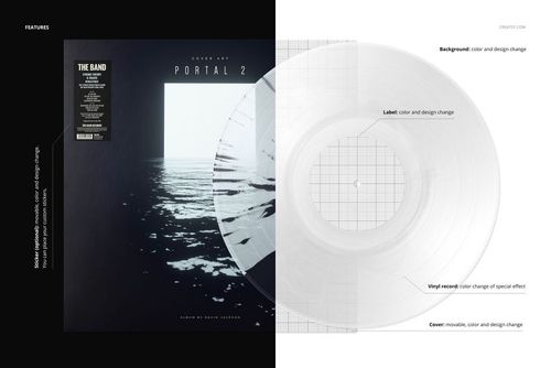 Front view of a vinyl record and cover mockup with split splatter effect, featuring a black and white ocean scene on the cover.