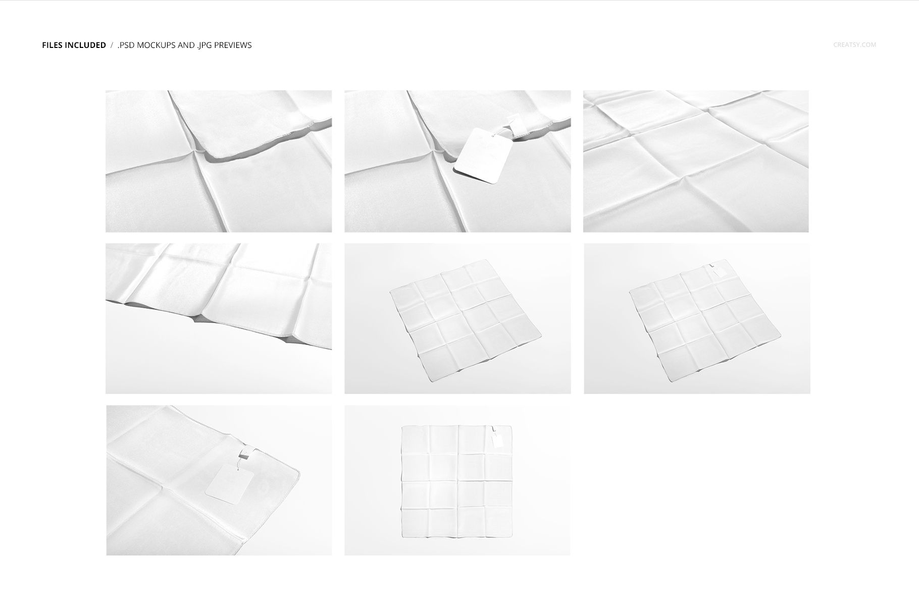 Silk scarf mockup set featuring multiple white scarves arranged flat and folded, viewed from various angles.