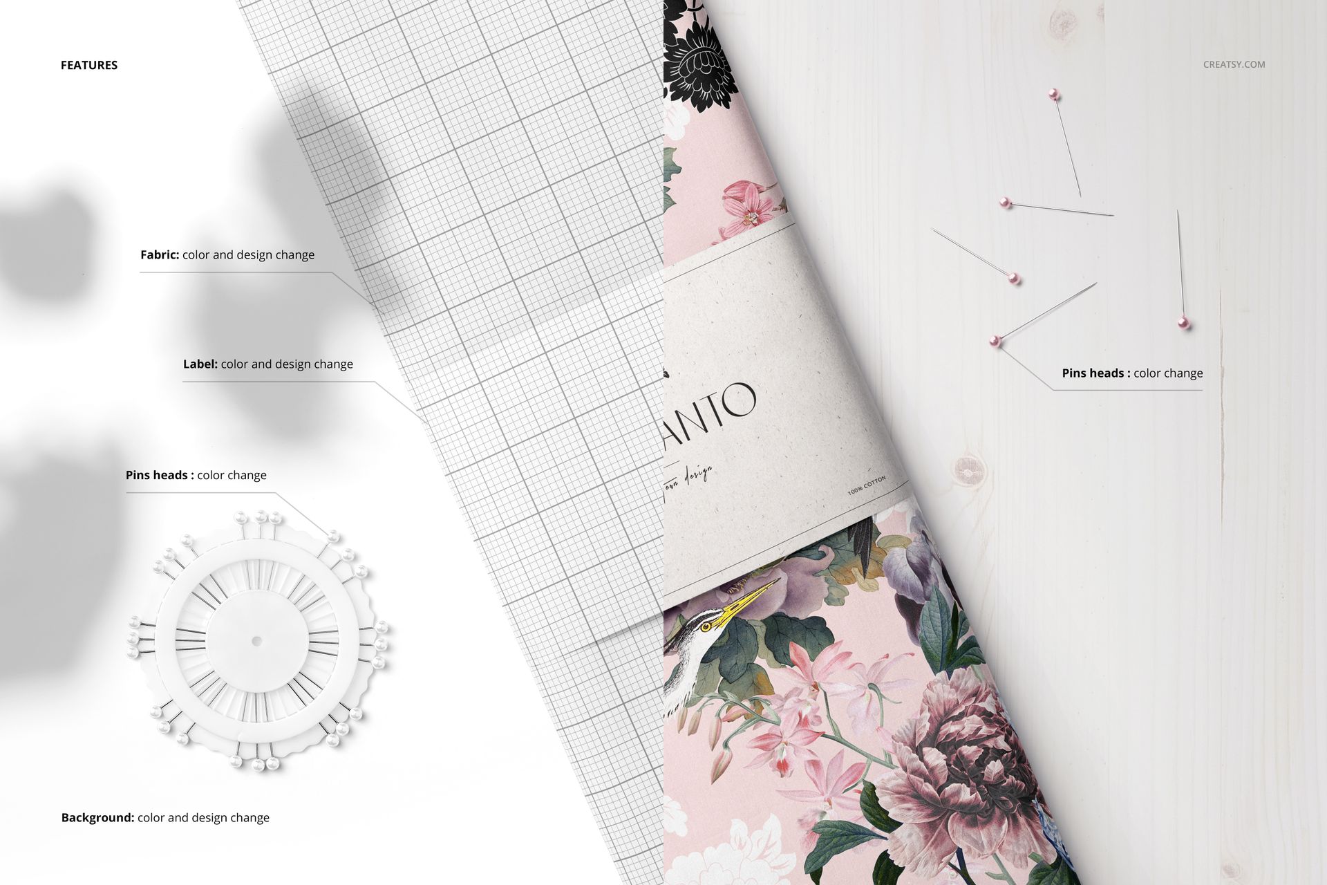 Fabric bolt mockup with floral pattern on the right and grid texture on the left, shown in top view with sewing pins nearby.