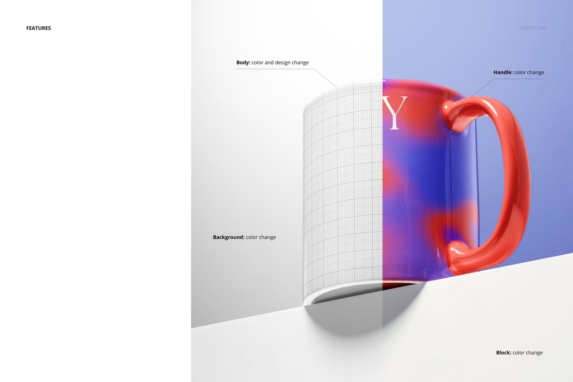 Ceramic mug mockup displayed on a white block, featuring a split design with grid pattern and vibrant colors.