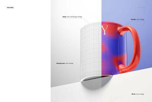 Ceramic mug mockup displayed on a white block, featuring a split design with grid pattern and vibrant colors.