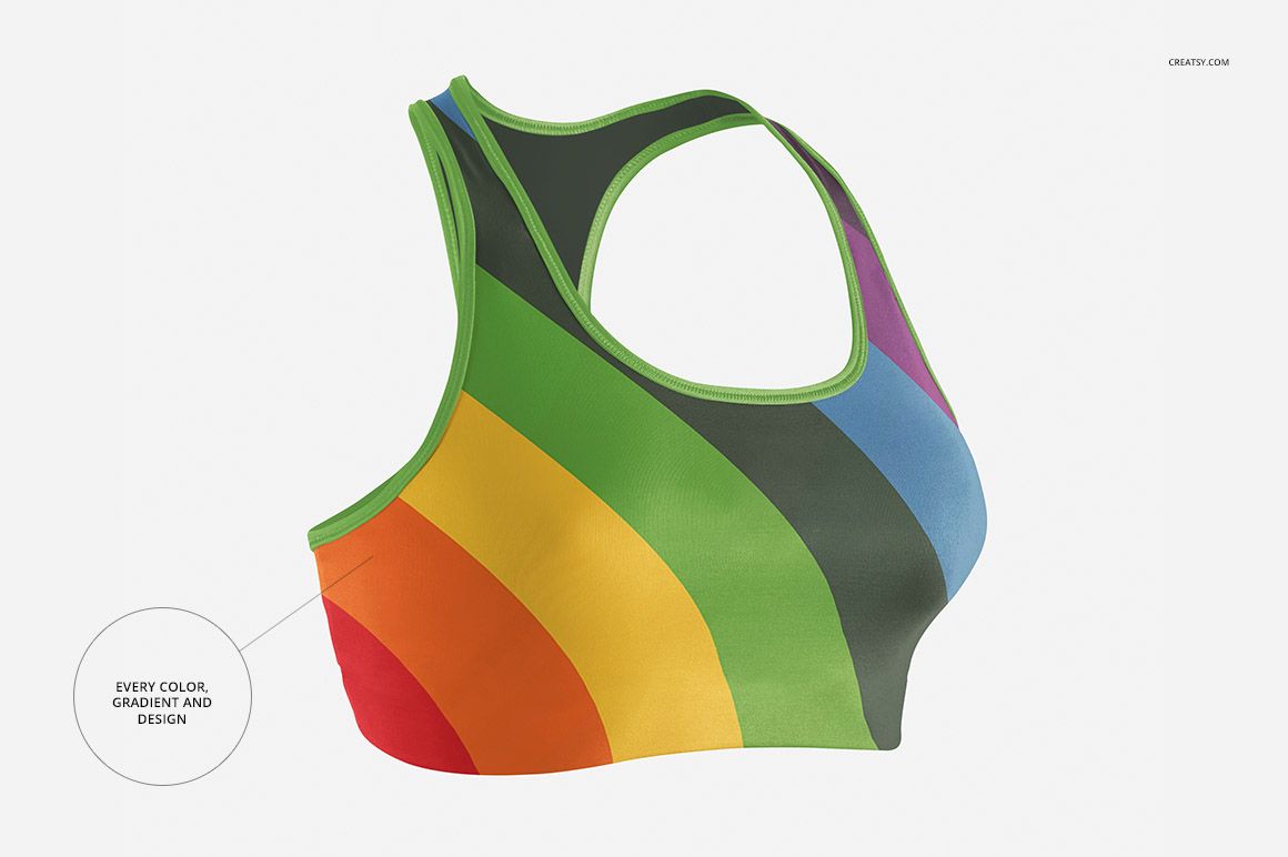PSD mockup of a sport bra featuring vibrant rainbow stripes, displayed from a front side perspective.