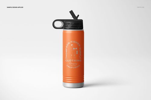 Orange powder coated water bottle mockup with a black flip-top lid, white logo design, and silver base on a plain background.