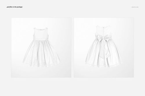 Kids dress mockup set featuring a sleeveless, knee-length dress in white, shown from front and back on a plain background.