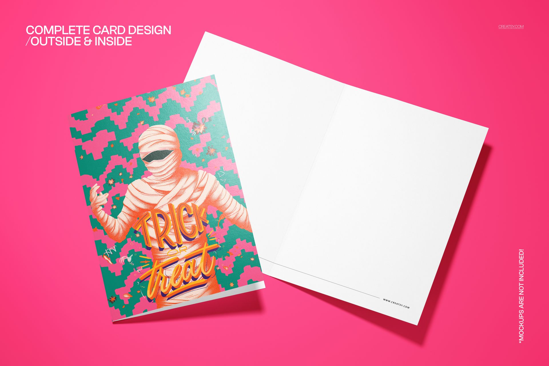Halloween-themed 5x7 card mockup featuring a colorful mummy design and blank inside, displayed on a pink surface.