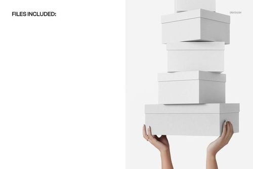 Hands lifting a tall stack of white rectangular boxes, minimal scene with neutral background, PSD mockup style.