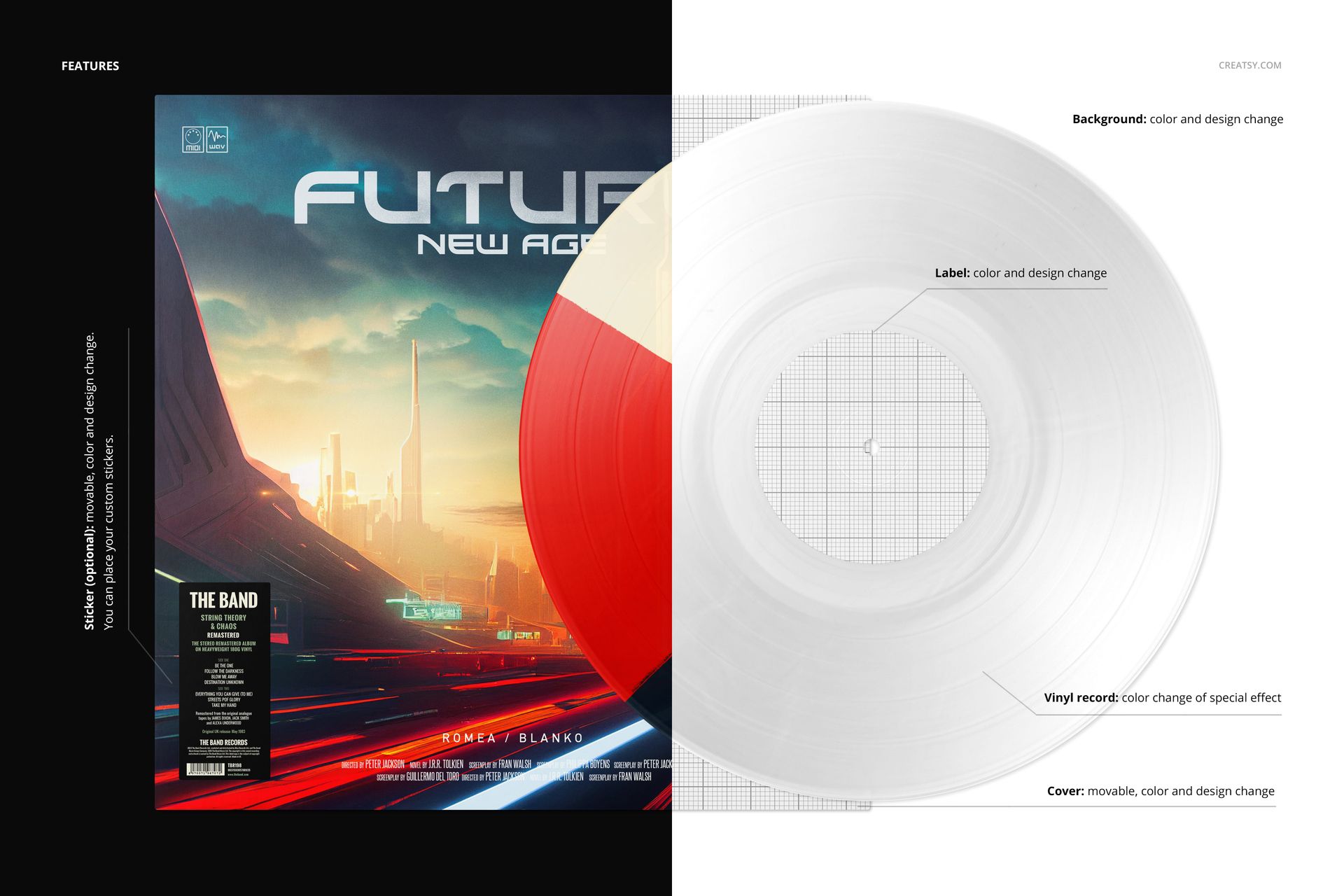 Vinyl record and cover mockup featuring a multi-color segmented effect, shown in a split front view with design details.
