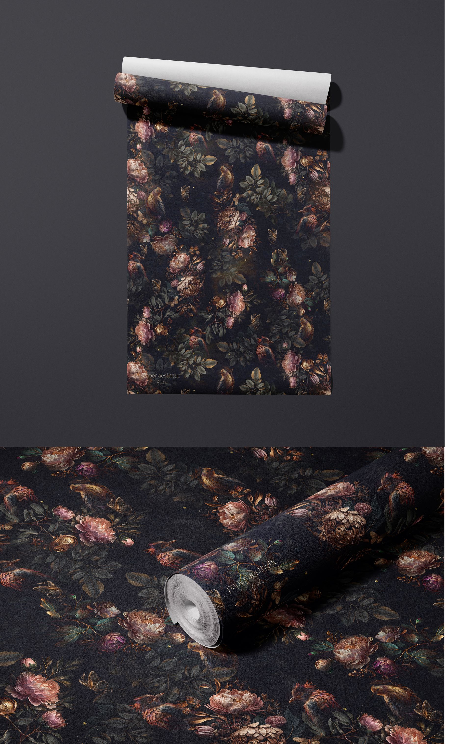 Close-up of a non-woven vinyl wallpaper mockup with a detailed floral design in muted pinks and greens on a dark background.