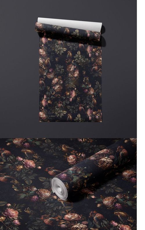 Close-up of a non-woven vinyl wallpaper mockup with a detailed floral design in muted pinks and greens on a dark background.