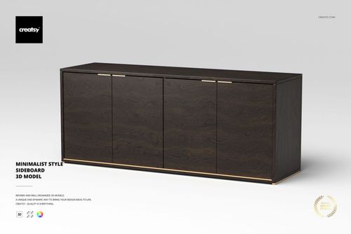 Minimalist sideboard with dark wood finish, rectangular shape, and four doors, shown from a front angle on a light background.