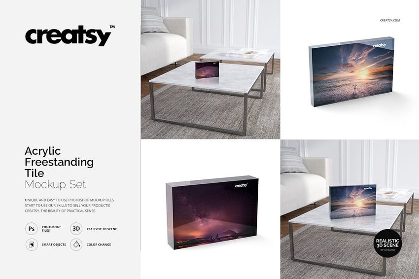 Acrylic tile mockup set showing rectangular plexiglass tiles with landscape images on a marble table and white background.