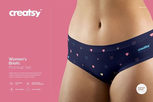 Close-up of women's briefs mockup featuring a navy base with multicolored hearts and shapes, shown on a model.