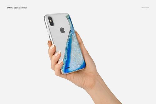 PSD mockup showing a silver iPhone X in a transparent case with a blue and white abstract pattern, isolated on white.