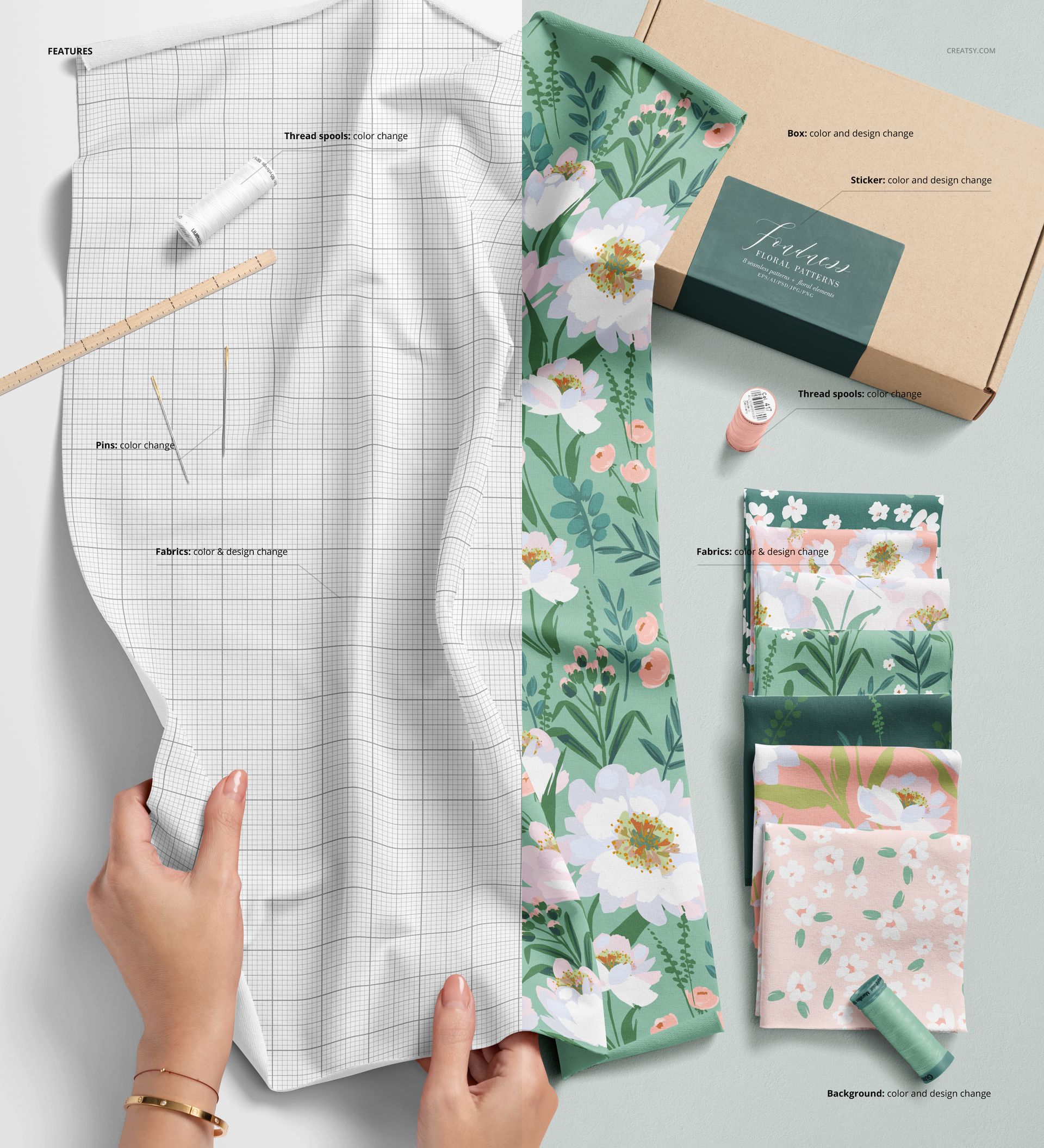 Hands holding a white grid jersey fabric, surrounded by floral fabric swatches, sewing threads, and a labeled box mockup.