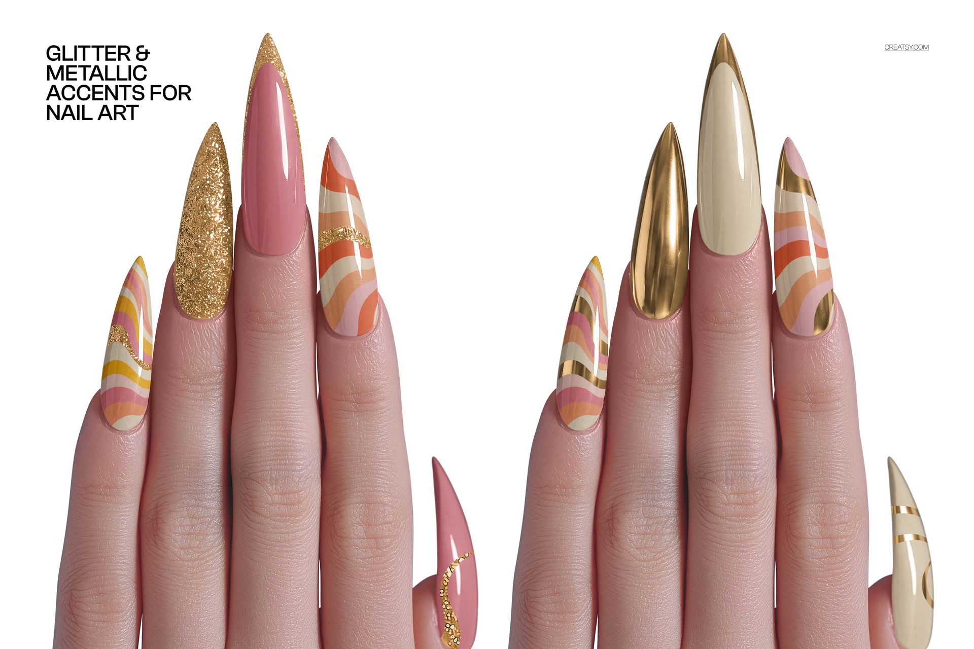 Close-up of two hands with stiletto nails featuring pink, gold, cream, and glitter nail art in a PSD mockup.