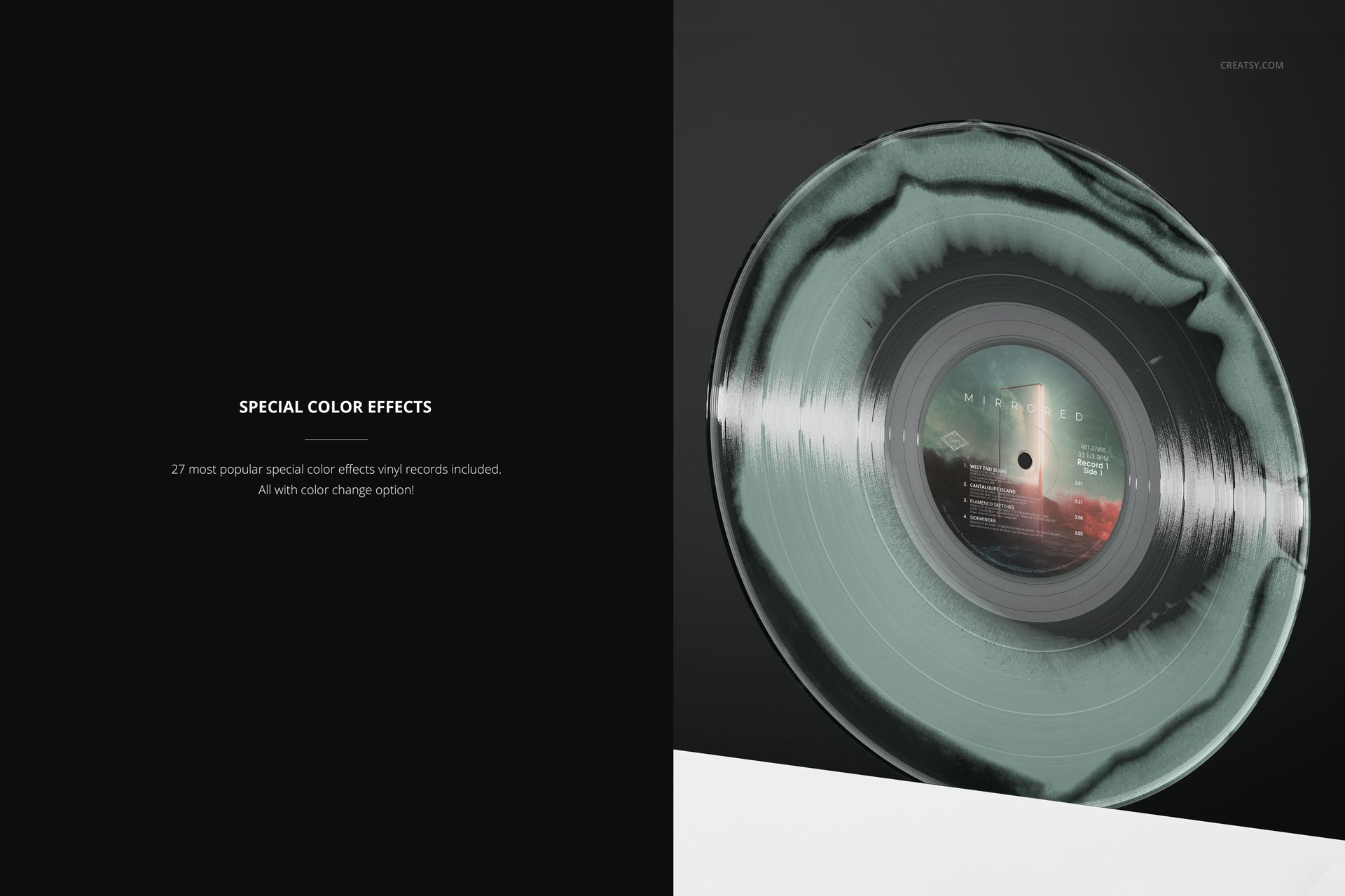 PSD mockup of a translucent vinyl record with black swirl pattern, positioned on a white pedestal in a minimal scene.