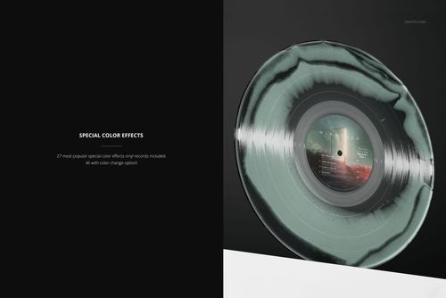 PSD mockup of a translucent vinyl record with black swirl pattern, positioned on a white pedestal in a minimal scene.