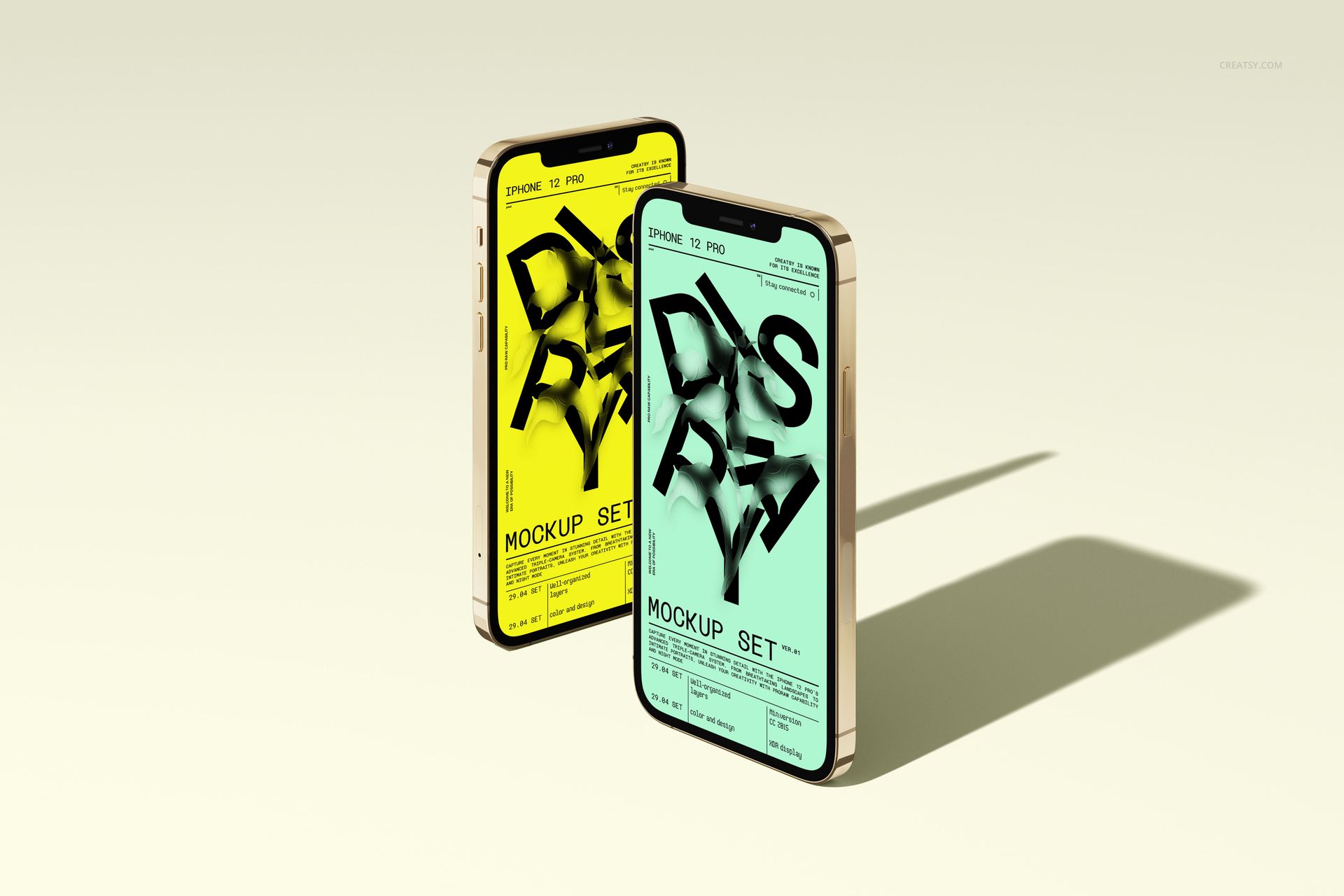 Two iPhone 12 Pro devices standing upright on a light surface, displaying colorful mockup screens in yellow and green.