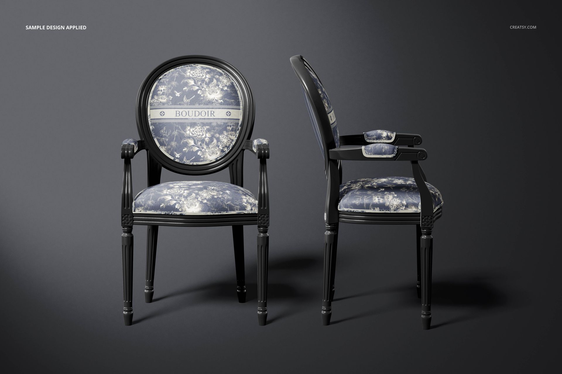 Louis XVI style armchair mockup set shown with floral blue fabric and black frame, displayed from front and side angles.