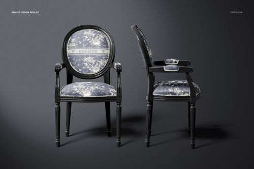 Louis XVI style armchair mockup set shown with floral blue fabric and black frame, displayed from front and side angles.