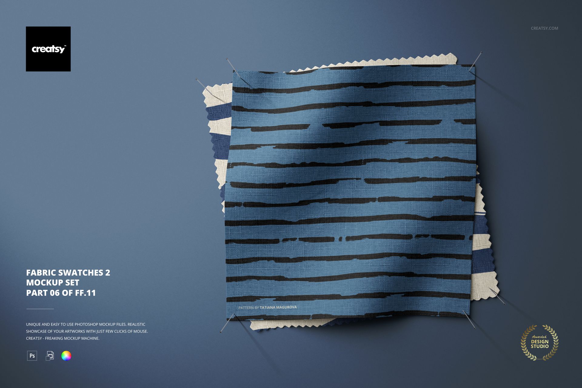 Fabric swatches mockup featuring a blue striped textile, layered on beige fabrics, presented in a flat lay composition.