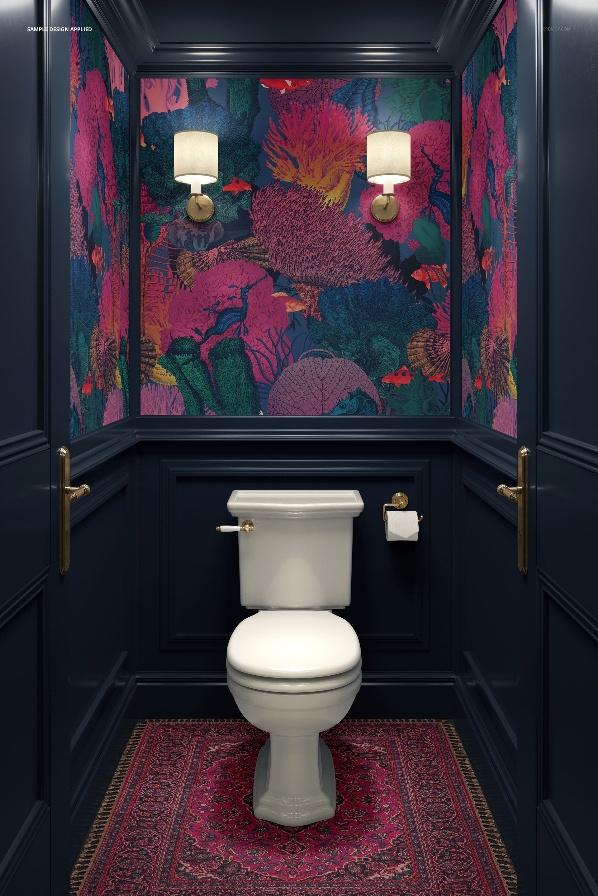 Classic bathroom mockup featuring a white toilet, dark blue wainscoting, and vibrant coral-patterned wallpaper.