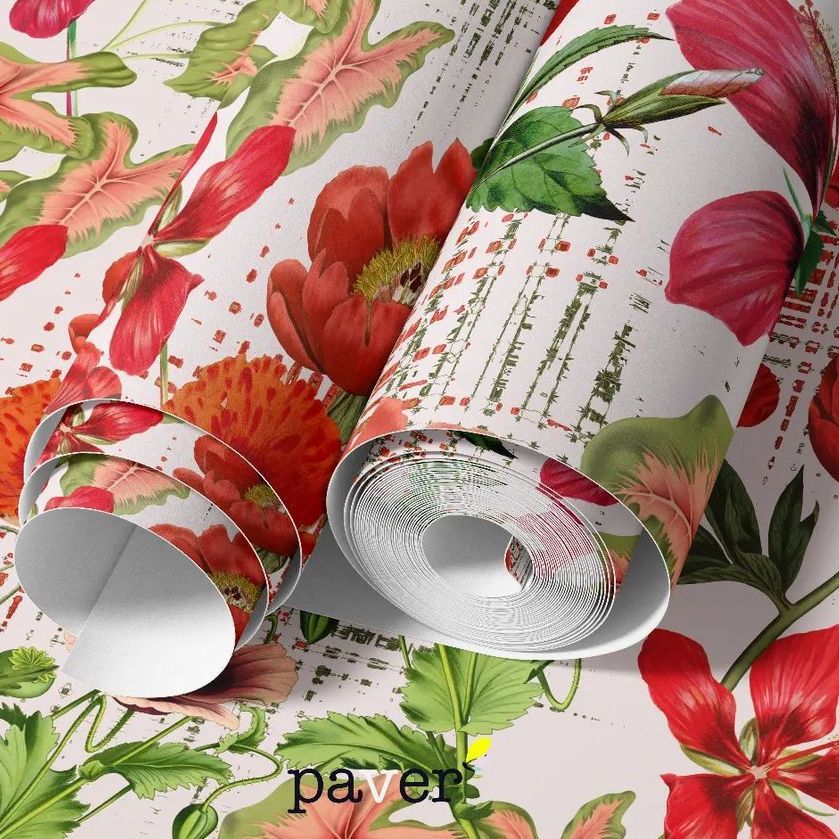 Paper wallpaper mockup featuring two rolled sheets with bold red and orange floral patterns on a light background.
