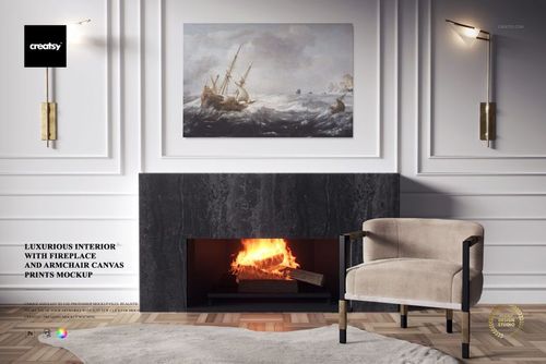 PSD mockup showing a contemporary space with a light armchair, lit fireplace, and nautical wall art on white paneled walls.