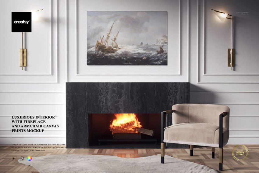 Luxurious Interior with Fireplace and Armchair Mockup - mockup screenshot 1