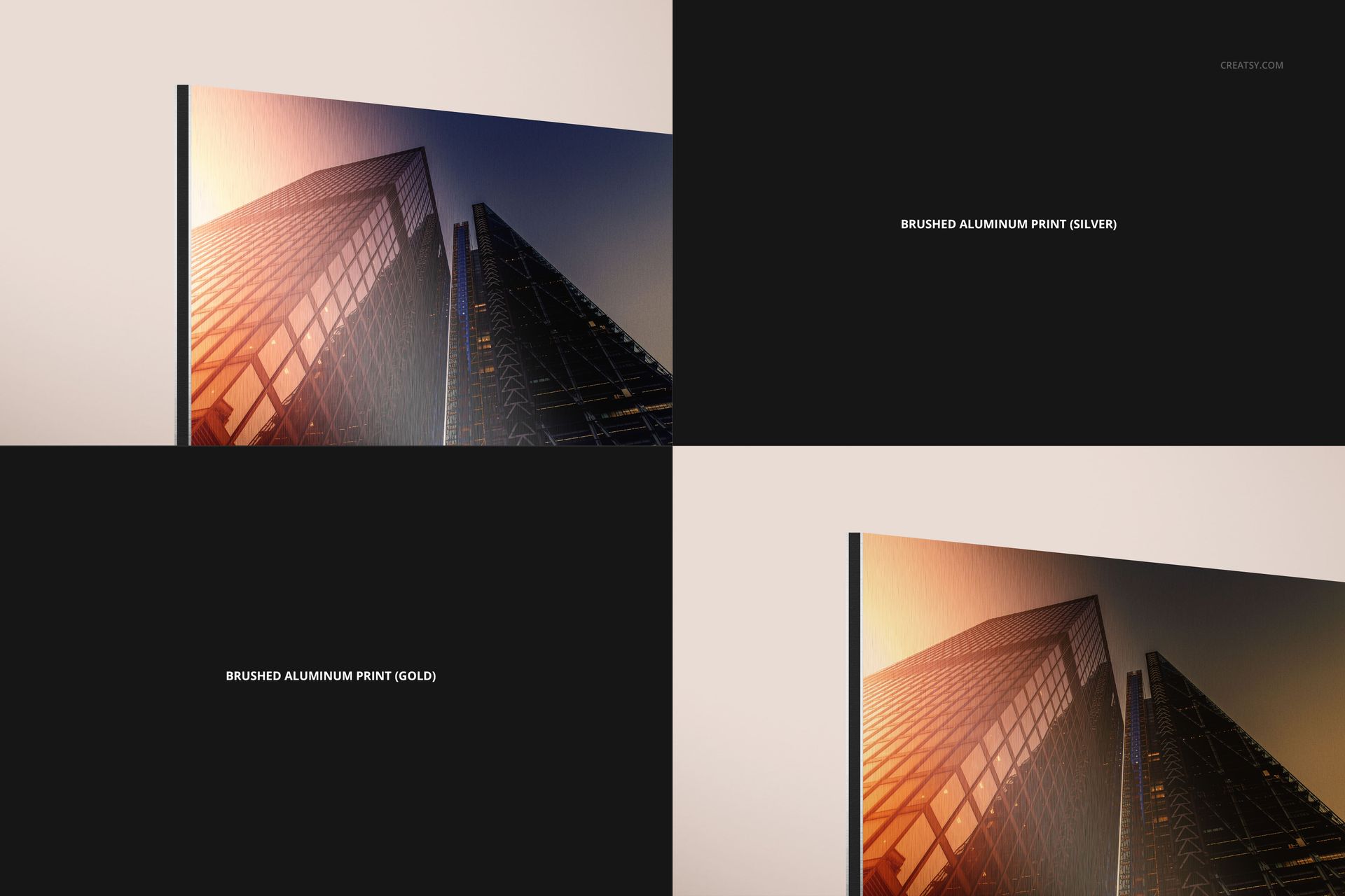 Close-up view of acrylic and aluminum prints mockup showing modern building artwork on rectangular panels.