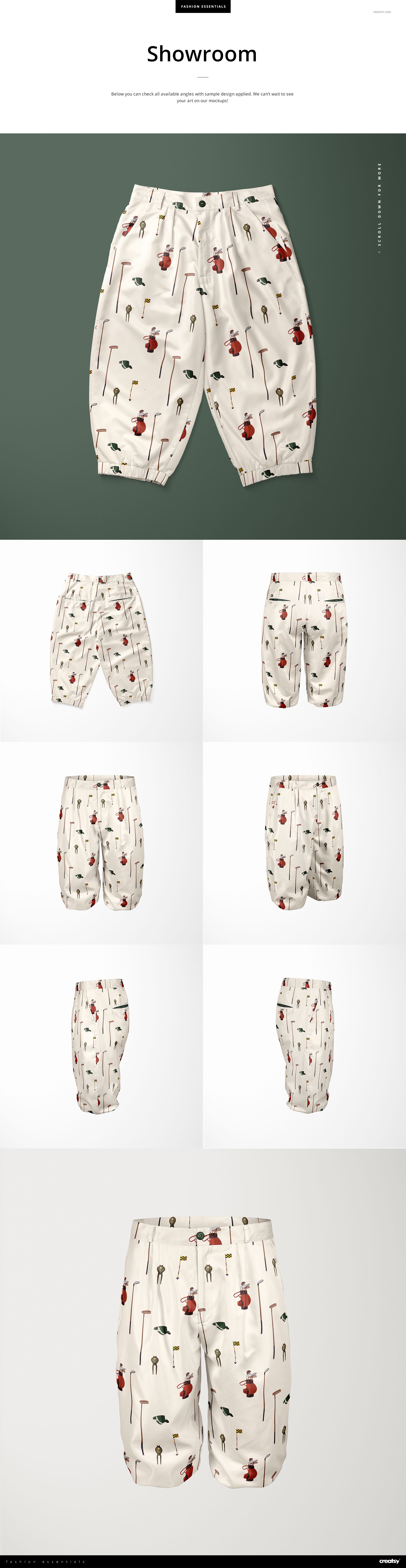 Mockup set of men’s golf knickers featuring a light background and illustrated sports motifs, displayed in various views.