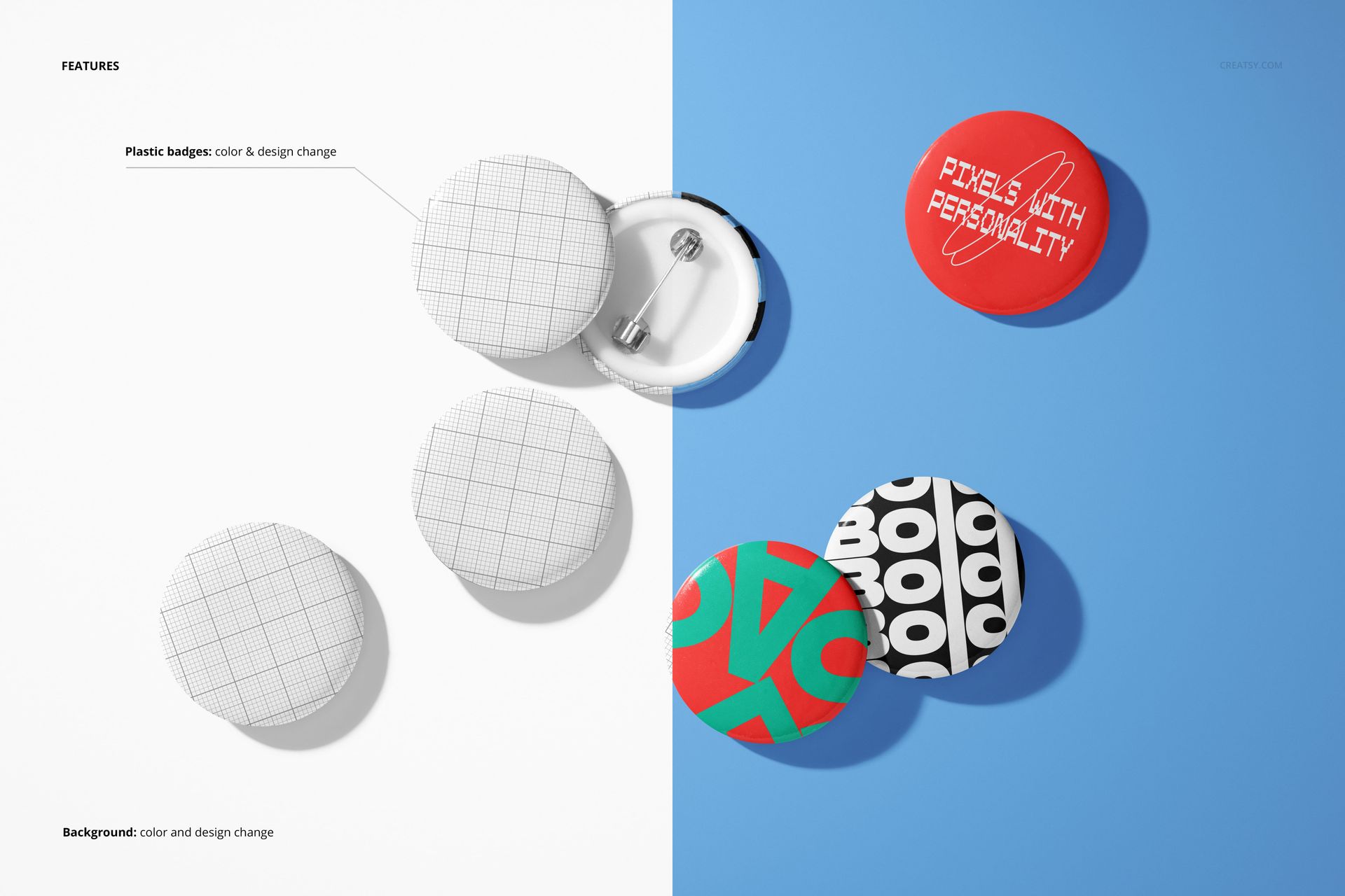 Plastic badges mockup featuring multiple circular badges with different patterns and colors on a two-tone backdrop.