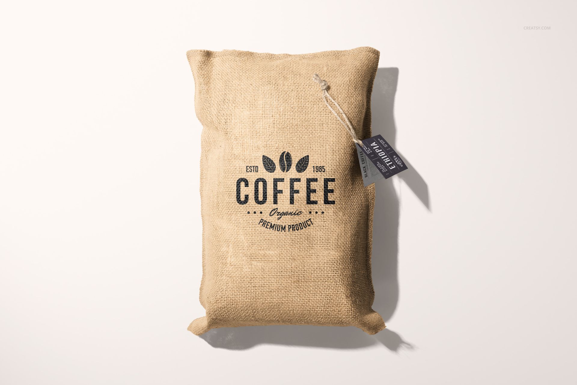 Coffee bag mockup featuring a textured brown sack with bold black logo and a small hanging tag, shot from above.