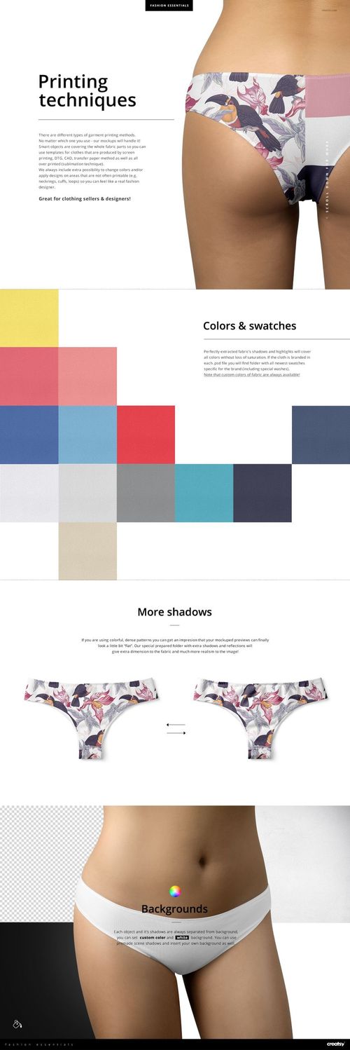 Women's panties mockup set featuring a close-up front view of patterned underwear on a model and flat lay designs.