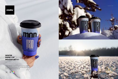 Winter-themed paper cup with black lid and blue sleeve, shown in outdoor snowy scenes and close-up views for mockup use.