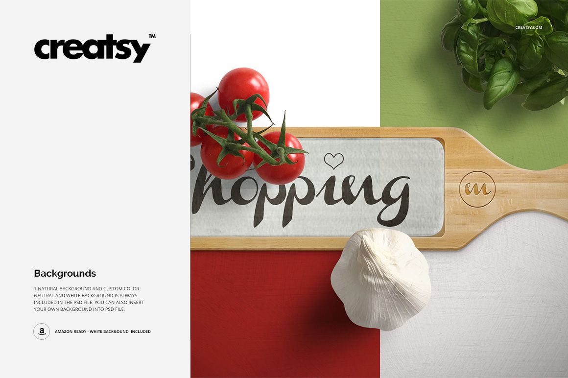 Chopping board mockup featuring a glass section, fresh tomatoes, garlic bulb, and basil leaves, seen from above.